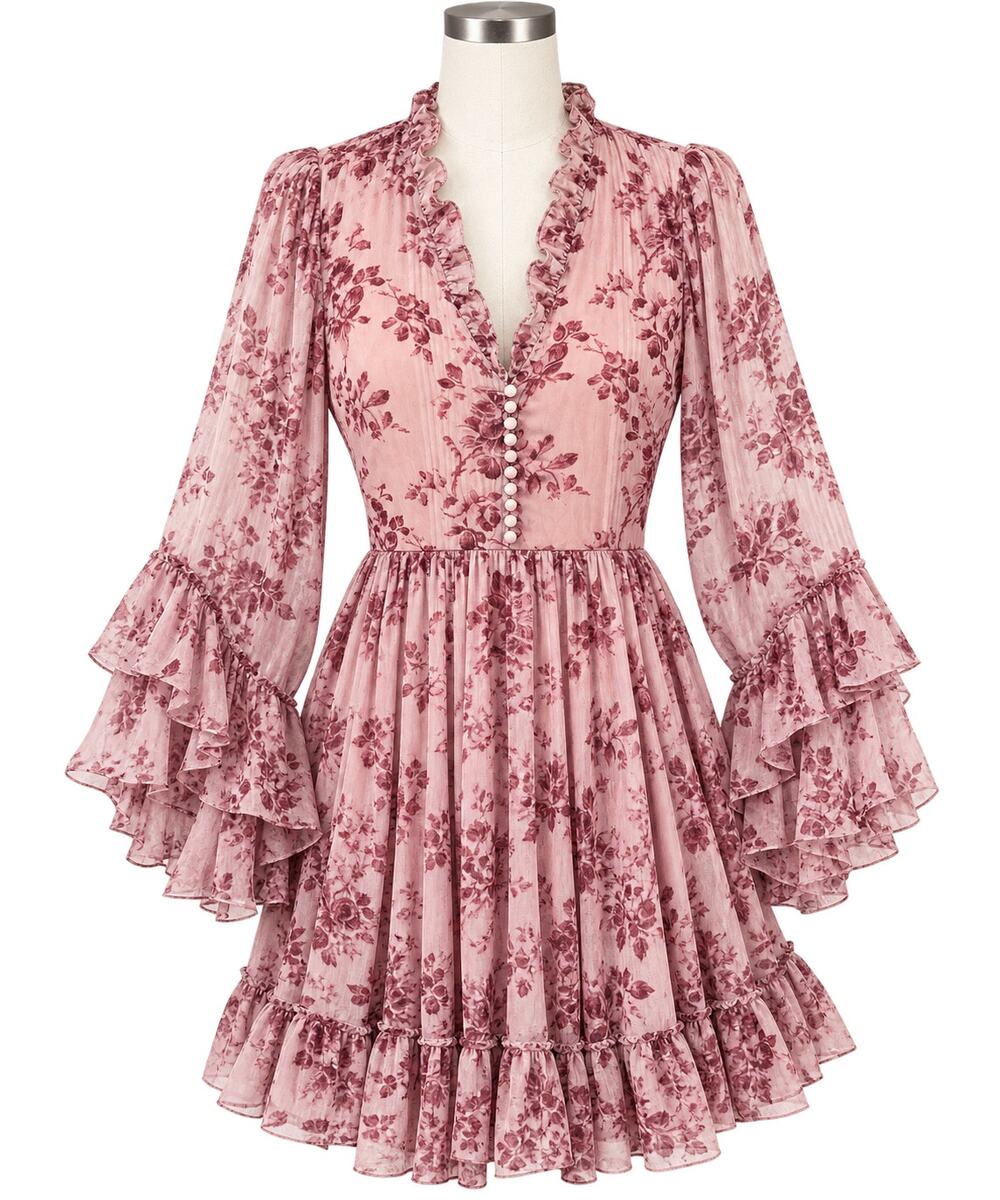 STELLAH Blush Burgundy Floral Ruffle Boho Mini Dress - Size XS - Cottagecore